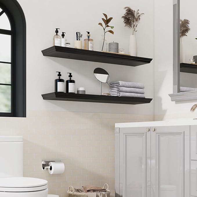 Floating Shelves for Wall, 36 Inch Long Wall Mounted Black Hanging Shelf for Kitchen, Living Room, Office, Bedroom, Bathroom, Retro Vintage Wood Bookshelf for House Decor-Ruum Studio Home