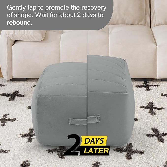 MeMoreCool Square Stuffed Pouf Ottoman Foot Rest, Floor Pouf Foot Stool with Foam Chunk Filling, Soft Stuffed Ottoman Footrest for Living Room, Light Grey-Ruum Studio Home