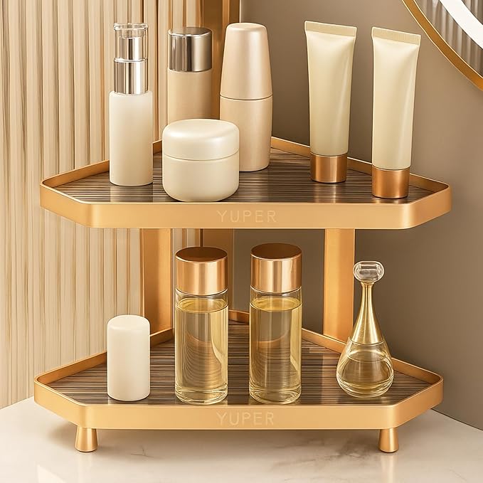 YUPER Bathroom Counter Organizer, 2-Tier Corner Bathroom Organizers and Storage, Makeup Storage Shelf Vanity Tray Perfume Organizer, Bedroom Corner Counter Storage Sink Shelf Gold-Ruum Studio Home