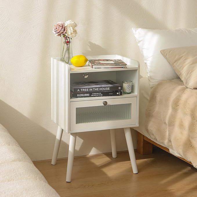 AWASEN White Nightstand with Charging Station, Modern Bedside Table with Glass Decorative Drawer, Small End Side Table with 2 Tiers Storage Space, for Bedroom, Office and Small Space(White)-Ruum Studio Home