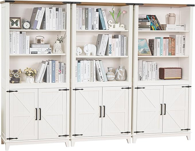 70in Tall Bookshelf 5 Tier Bookcase with Barn Doors and Storage Cabinet, White Farmhouse Book Shelf with Adjustable Shelves, Wood Freestanding Display Bookshelves for Bedroom, Kitchen (3PCS)-Ruum Studio Home