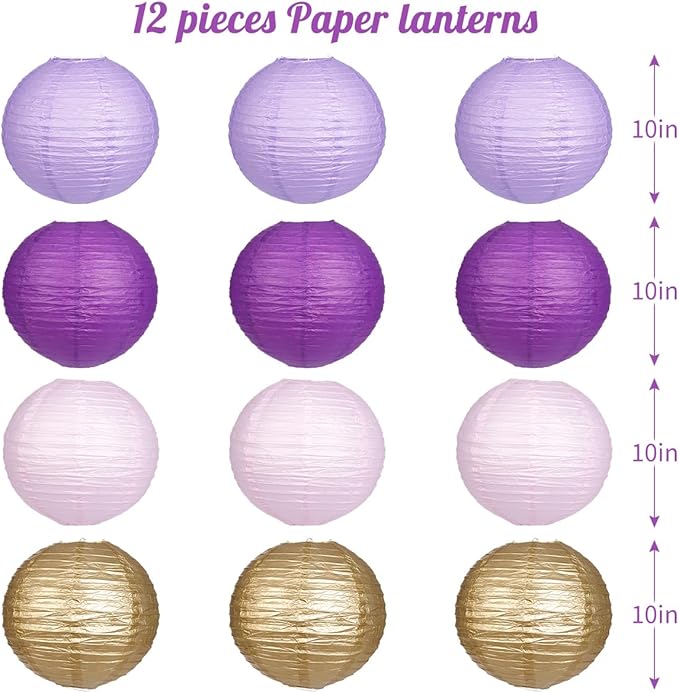 Paper Lanterns Purple Gold Round Hanging Chinese Lanterns for Birthday Baby Shower Bachelorette Party Decorations Pack of 12-Ruum Studio Home
