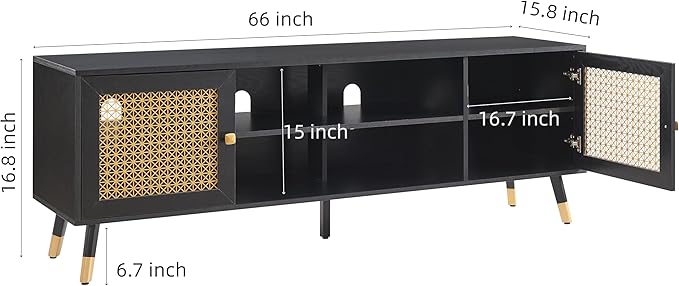 JYED Mid Century Modern TV Stand and Console for TVs Up to 75" - Black Entertainment Center, 2 Gold Metal Mesh Doors & MDF Wood Grain, 15.8" D x 66" W x 23.5" H-Ruum Studio Home
