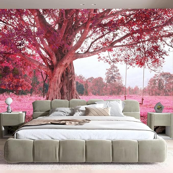 FENDROM Autumn Pink Flower Tapestry Window View Wall Hanging, Nature Forest Floral Trees Garden Scenic Tapestries for Living Room Home Office Dorm-Ruum Studio Home