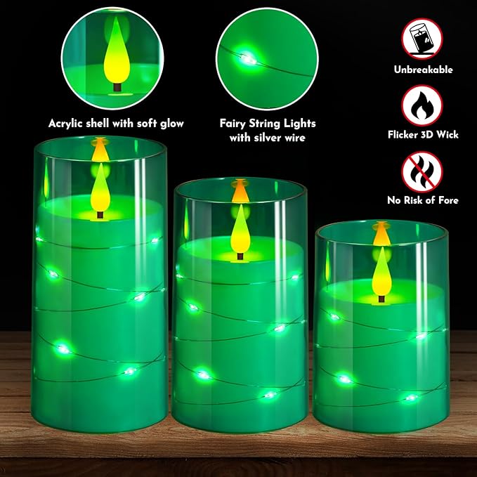 NURADA Flickering Flameless Candles: Built-in Star String Acrylic Battery Operated LED Pillar Candles with Remote and Timer for Home Party Weddings Christmas Halloween Decor -Green 3 Pack-Ruum Studio Home