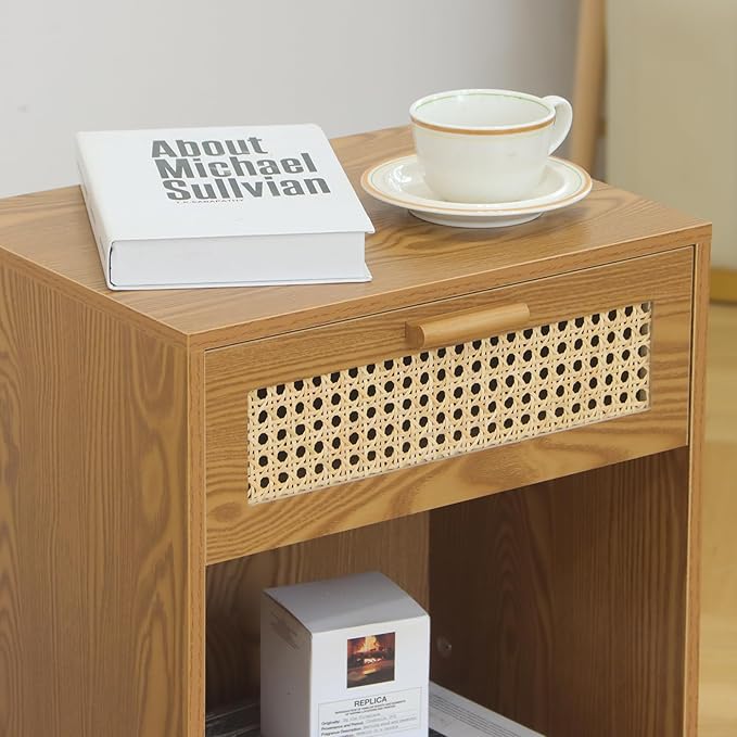 Mid Century Modern Nightstand, Rattan Bedside Table with Drawer and Open Shelf, Wood Nightstand Modern Side Table for Living Room, Bedroom and Small Space, Brown-Ruum Studio Home
