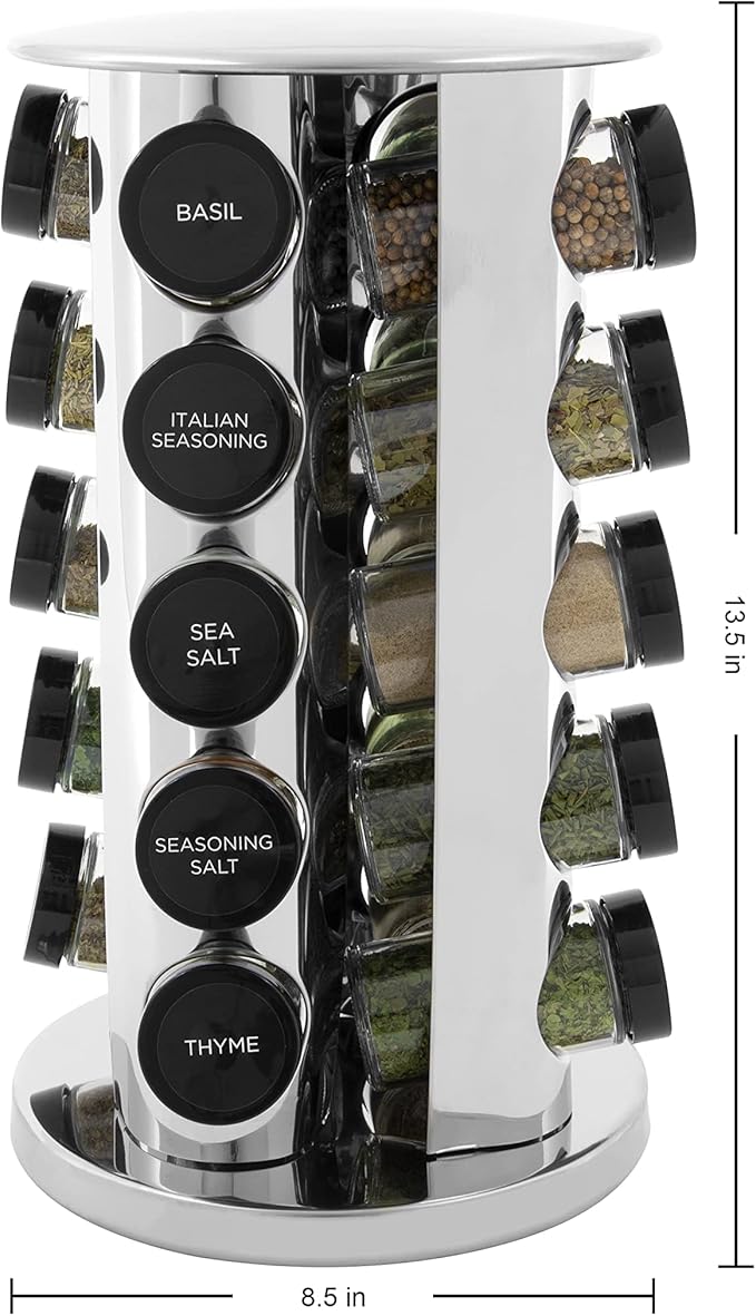 Kamenstein 20 Jar Revolving Countertop Spice Rack with Spices Included, FREE Spice Refills for 5 Years, Polished Stainless Steel with Black Caps, 30020-Ruum Studio Home