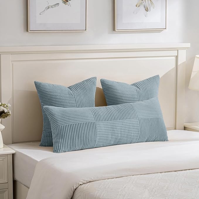 Fancy Homi Set of 2 Light Blue Euro Decorative Throw Pillow Covers 26x26 Inch for Bedroom Couch Bed, Farmhouse Boho Home Decor, Soft Cross Corduroy Patchwork Textured Square Cushion Case 66x66 cm-Ruum Studio Home