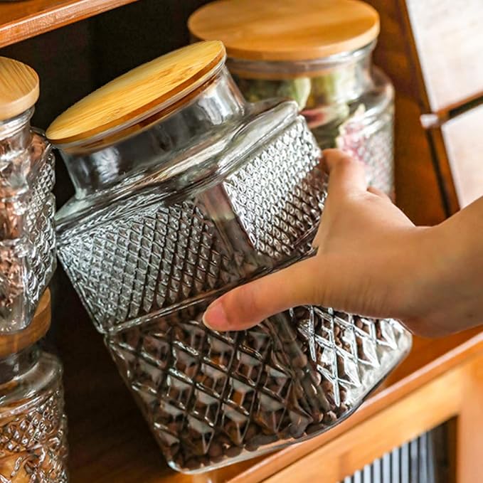 Large Glass Storage Jar, 60 FL OZ Glass Food Storage Containers with Bamboo Lid, Kitchen Containers Cereal Canisters Decorative Jar for Candy Snack Cookies Coffee Tea Nuts Airtight Glass Jars (Square)-Ruum Studio Home