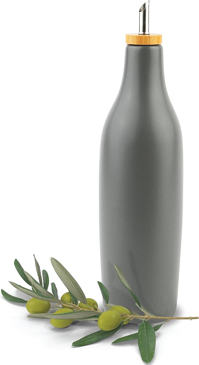 kitchentoolz Olive Oil Stoneware Dispenser Bottle, Ceramic 16 Oz Container for EVOO or Vinegar Kitchen Counter, Pewter Gray-Ruum Studio Home