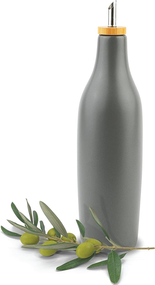 kitchentoolz Olive Oil Stoneware Dispenser Bottle, Ceramic 16 Oz Container for EVOO or Vinegar Kitchen Counter, Pewter Gray-Ruum Studio Home