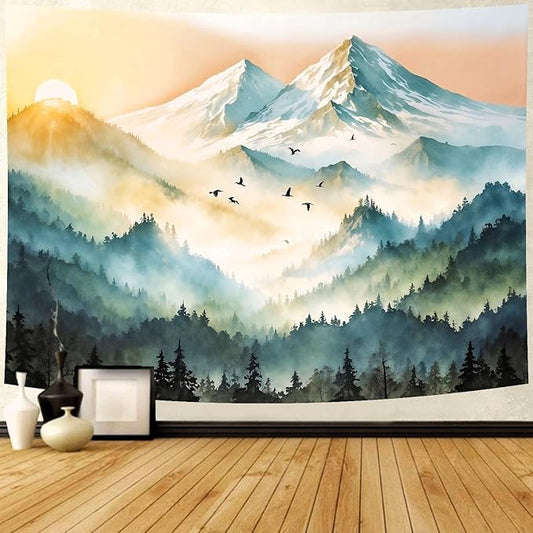 Delur Mountain Tapestry Boho Misty Sunset Forest Tree Tapestry Wall Hanging Sunrise Nature Landscape Psychedelic Headboard for Bedroom Living Room Home Decor (51.2" x 59.1")-Ruum Studio Home