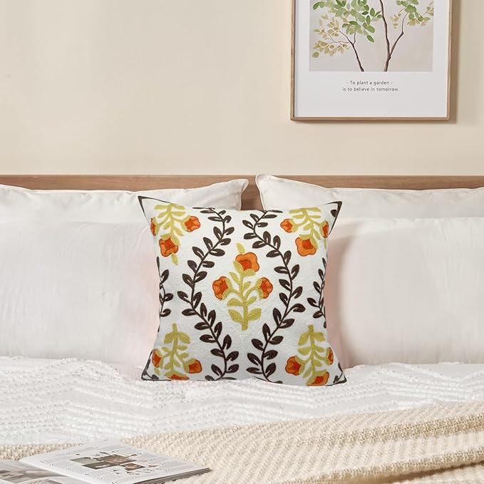 Alysheer Floral Embroidered Fall Decorative Throw Pillow Cover 18"x 18", Farmhouse Cottage Orange Flowers Brown Leaves Knit Pattern Cotton Canvas Cushion Case for Sofa Couch Bed Living Room Decor-Ruum Studio Home