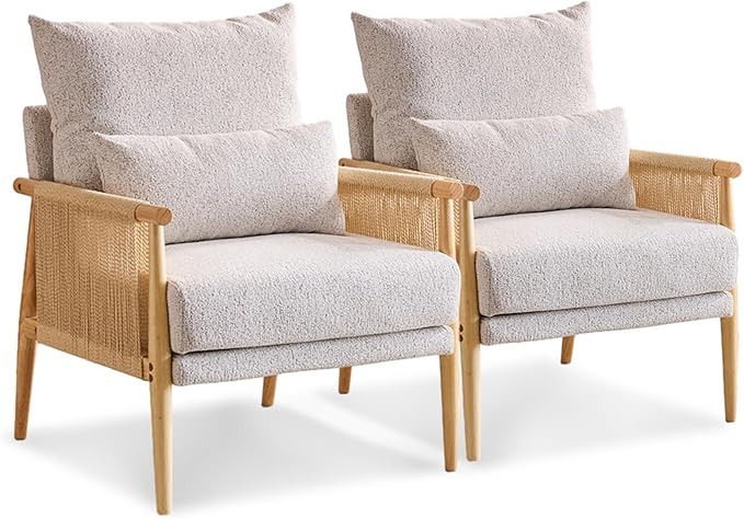 VINGLI Boho Braid Accent Armchairs Set of 2,Mid-Century Modern Chiars with Solid Wooden Armrest,Comfy Louge Cushion Chairs with Waist Pillow for Bedroom,Living Room,Reading Room, Light Grey-Ruum Studio Home