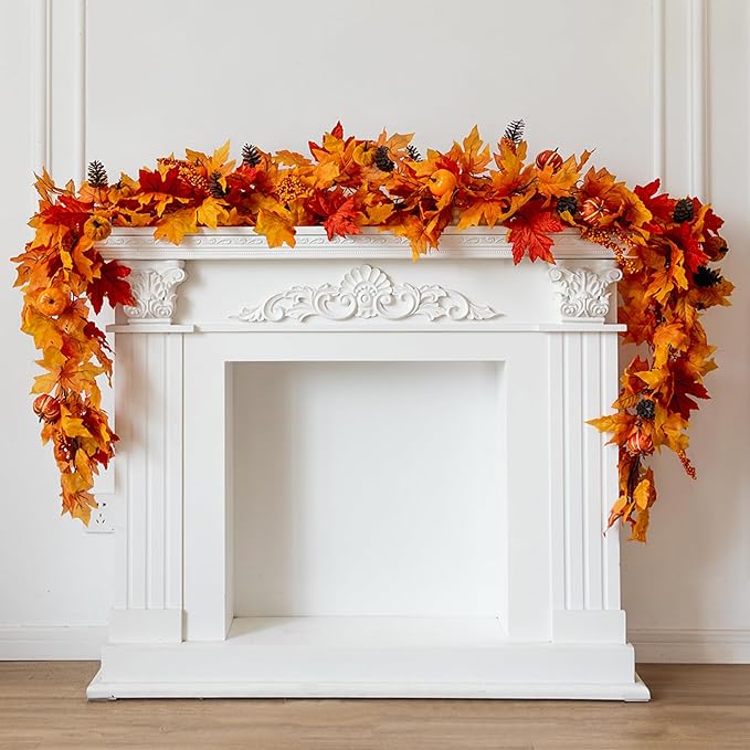 MISSPIN Fall Decor - Fall Garland - 6FT Autumn Maples Leaf Garland for Autumn Decor Hanging Vine for Halloween Thanksgiving Decor Home Wedding Fireplace Party Christmas(Orange)-Ruum Studio Home