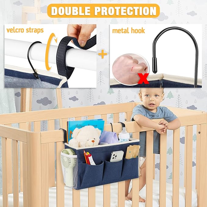 Bedside Caddy Bedside Organizer Bedside Storage Caddy with Fixed Straps and Water Bottle Holder for Home College Dorm Bunk Bed Hospital Bed Crib Bed Rails (2pcs Navy Blue)-Ruum Studio Home