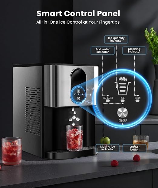 Nugget Ice Makers Countertop, Pellet Ice Maker Machine Dispenser with Water Reservoir with 44lbs/24H, Self-Cleaning, Soft Chewable Ice Maker Machine for Home/Kitchen/Office, Silver Stainless-Ruum Studio Home