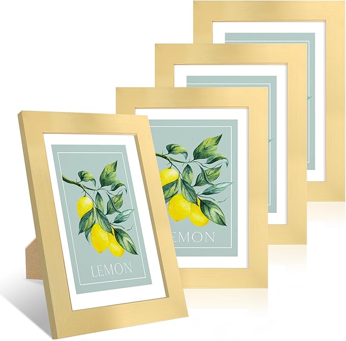 5x7 Picture Frame Set of 4, 5 x 7 Wood Photo Frames with Mat for 4x6, Wooden Frame with Real Glass Cover for Wall and Tabletop Display,Gold-Ruum Studio Home