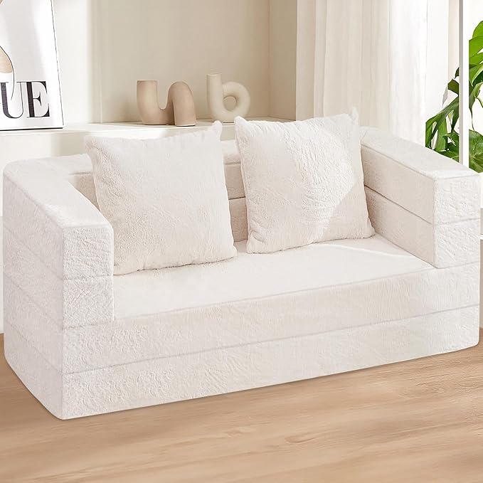 Folding Bean Bag Chair for Adults,3-in-1 Bean Bag Couch Faux Fur Floor Sofa Large Beanbag Convertible Bean Bag Sofa Bed with Pillow in Bedroom,Living Room,Apartment(Queen,Milky White)-Ruum Studio Home