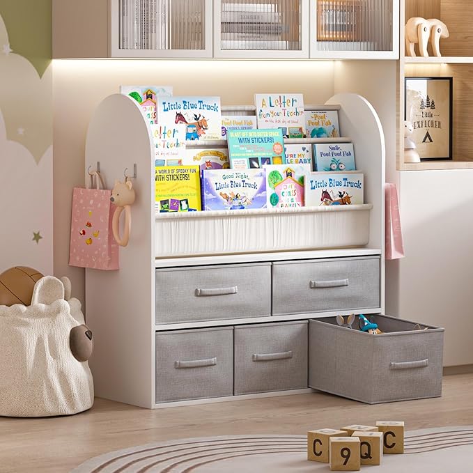 NACHES Kids Bookshelf and Toy Storage Bins, Children Bookcase Toddler Book Display Cabinet with 5 Toy Organizer Boxes for Playroom,Reading Room,Toddler Room,Nursery,Classroom-Ruum Studio Home