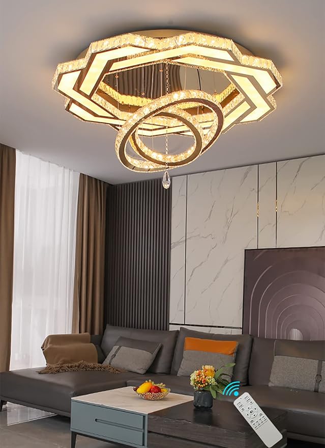 Flashing God Crystal Chandeliers Dia 32" Silver Elegant Chandelier Flush Mount Ceiling Light for Bedroom Living Room Dining Room Hallway Dimmable 3 Rings LED Celing Lighting Fixtures-Ruum Studio Home