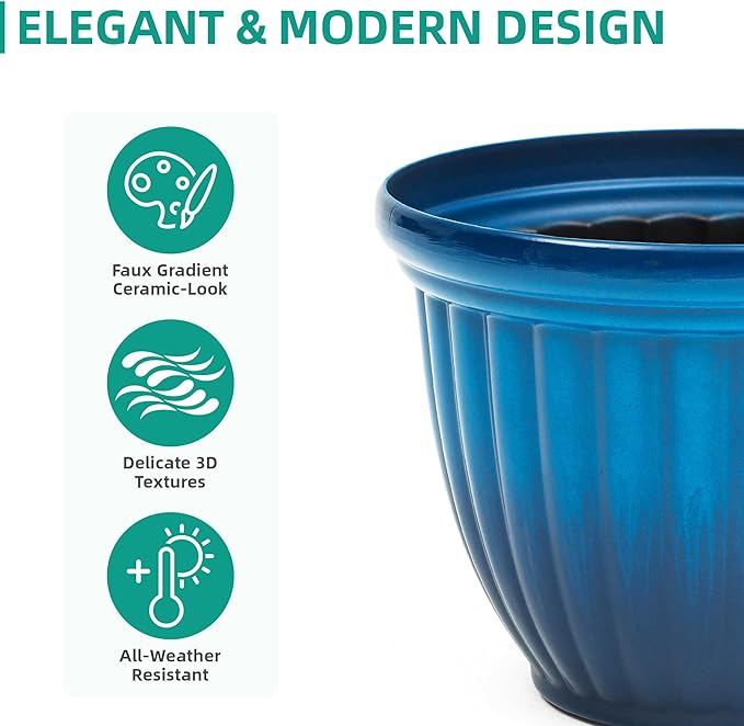 15" H Large Flower Pots, Set of 2 Plastic Planters for Outdoor Plants with Gradient Blue Finish and 3D Textures, Weather-Resistant for Porch, Garden, Patio or Indoor Use-Ruum Studio Home