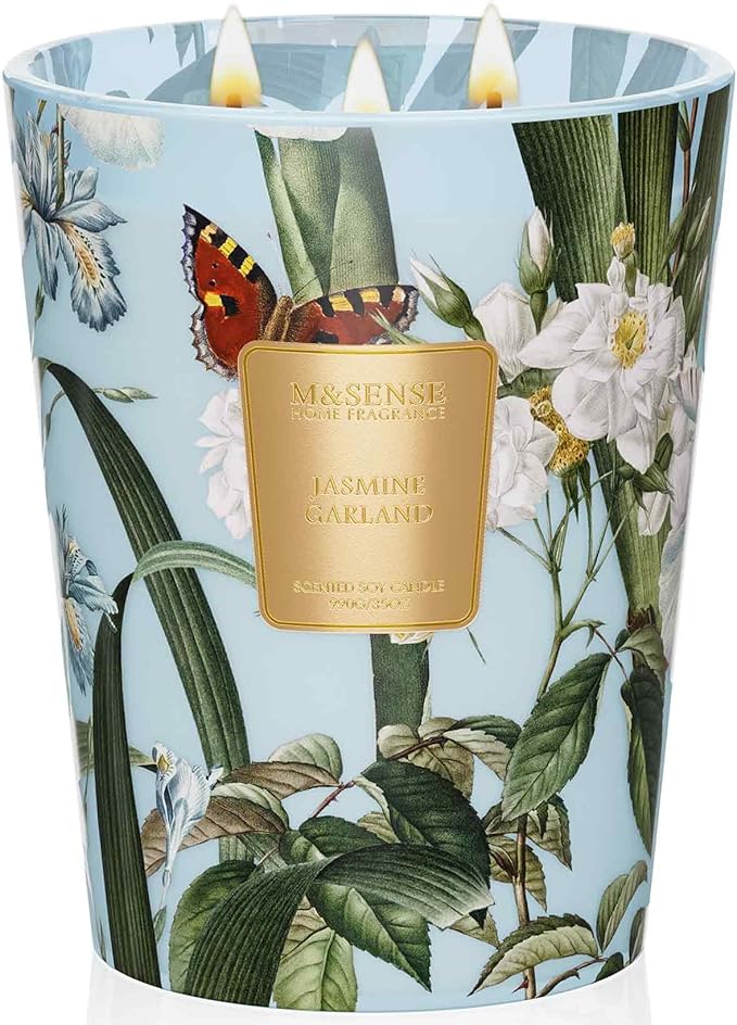 M&SENSE Jasmine Candles Highly Scented 3 Wick 35oz 150 Hours Burn Extra Large Jar Candles for Women, Natural Soy Wax Aromatherapy Candle for Stress Relief, Meditation, Yoga, Spa-Ruum Studio Home
