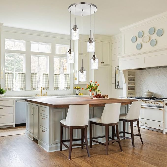5 Light Farmhouse Pendant Lighting for Kitchen Island,Brushed Nickel Dining Room Cluster Pendant Light Fixtures Hanging Ceiling with Seeded Glass,Modern Pendant Light for Entrance Stairwell-Ruum Studio Home
