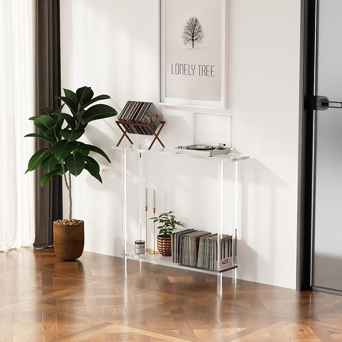 Sleek Modern 2-Tier Acrylic Console Table, 39.4" L x 7.6" W x 31.5" H - Entryway Table for Hallway, Living Room, Sofa Side, Small Spaces (Clear)-Ruum Studio Home