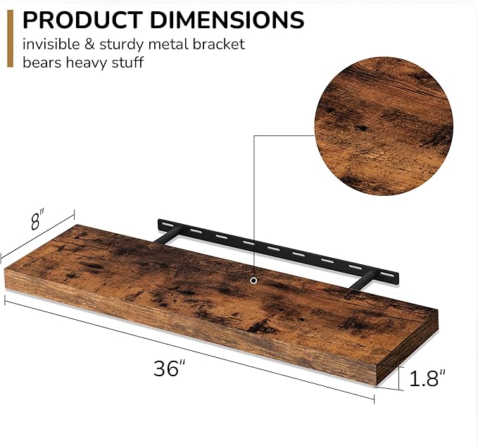 Fun Memories 36 Inch Floating Shelves - Deep Rustic Wooden Wall Shelves - Extra Deeper & Thicker Wall Mounted Storage Shelf for Bedroom, Kitchen, Farmhouse - 2 Pack, Rustic Brown-Ruum Studio Home