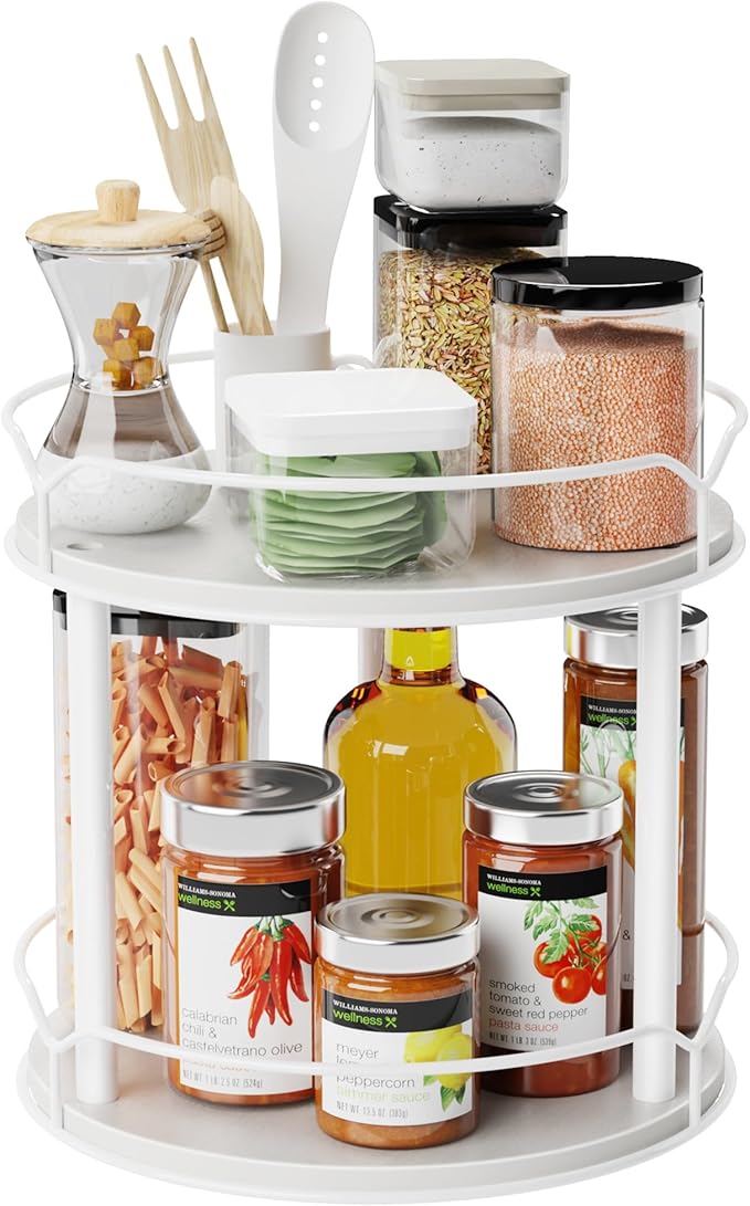 Lazy Susan Organizer 2 Tier - 9.2" Turntable Spice Rack for Table Top, Wooden Rotating Lazy Susan for Cabinet Pantry Kitchen Countertop Dining Table Cupboard Bathroom Vanity Storage(White)-Ruum Studio Home