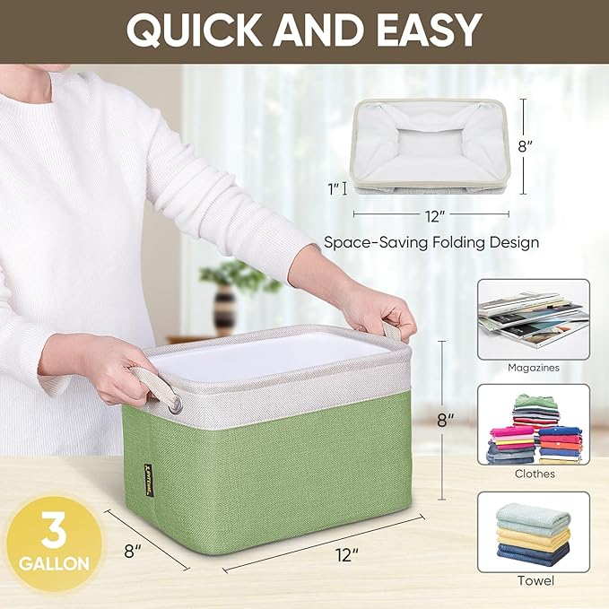 BALEINE 3 Pack Fabric Storage Bins for Shelves, Linen Storage Baskets for Organizing, Decorative Closet Bins for Clothes, Home (Green, 12"x8"x8")-Ruum Studio Home