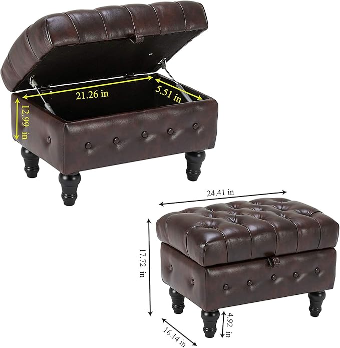 Artechworks Coffee Table Ottoman with Storage,Button Tufted PU Leather Upholstery Footstool Bed Ottoman for Living Room, Home Office, Space-Saving Storage Toy Box Stool, Brown-Ruum Studio Home