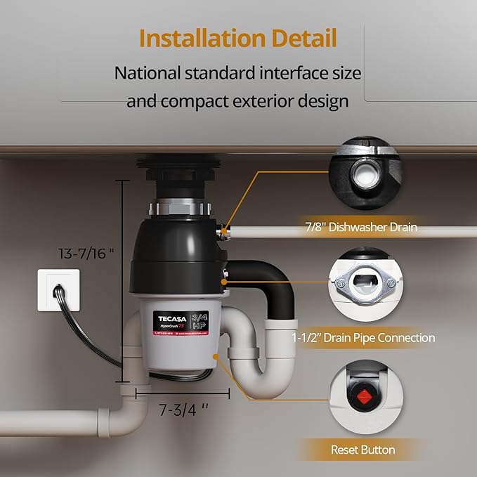 3/4 HP Corded Garbage Disposal for Kitchen Sinks, TECASA Continuous Feed Food Waste Disposer, Sound Reduction, Power Cord Included, Grey and Black - HyperCrush 75-Ruum Studio Home