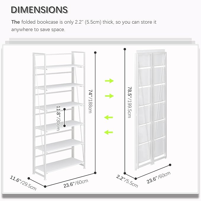 4NM No Assembly Foldable Bookshelf, 6-Shelf Collapsible Bookcase Storage for Small Spaces, 74" H, All White-Ruum Studio Home