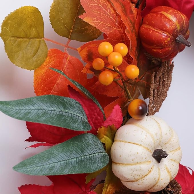 Fall Wreaths for Front Door, DECSPAS 21" Fall Wreath with Maple Leaves Pumpkin Berries, Autumn Decorations for Home, Artificial Harvest Door Wreath Outside, Window, Wall, Fireplace, Thanksgiving Decor-Ruum Studio Home