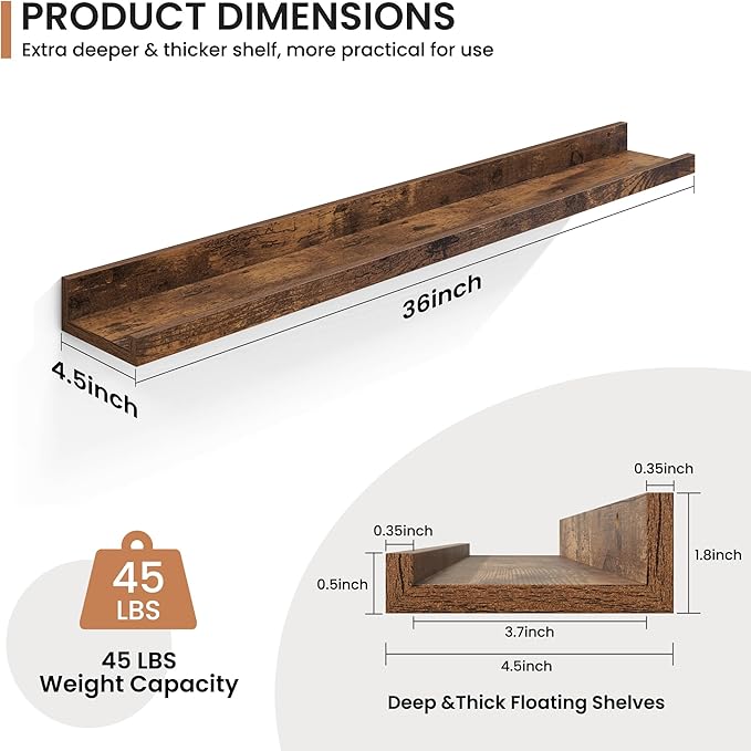 Fun Memories Picture Ledge Shelves Set of 2, 36 Inch Rustic Wall Mounted Floating Shelves with Lip for Home Storage and Décor in Bathroom, Kitchen, Nursery, Bedroom, Living Room, Brown-Ruum Studio Home