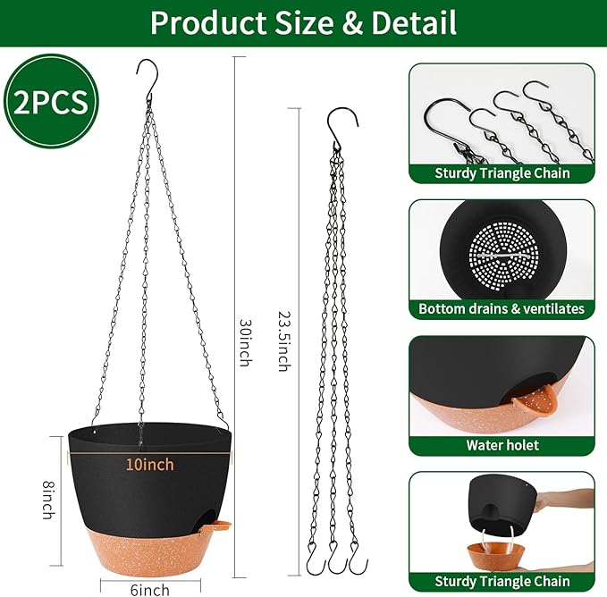GARDIFE Hanging Planter, 10 inch Hanging planters for Indoor. Outdoor Plants, Self Watering Plant Pot, 2 Pack Large self Watering Hanging Planter, Black-Ruum Studio Home