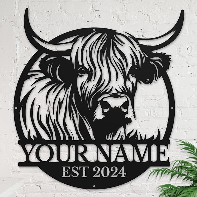 Personalized Highland Cow Name metal Signs,Custom Highland Cow Metal Shed Wall Decor,Black Metal Wall Art Plaques Outdoor wall Decorative Signage (Style F)-Ruum Studio Home