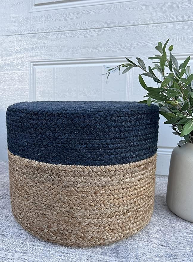 Jute Pouf Ottoman | Footrest Pouf | Hand Braided - Round Boho Pouffe - for Living Room, Bedroom, Nursery (20"x20"x10") Navy-Ruum Studio Home