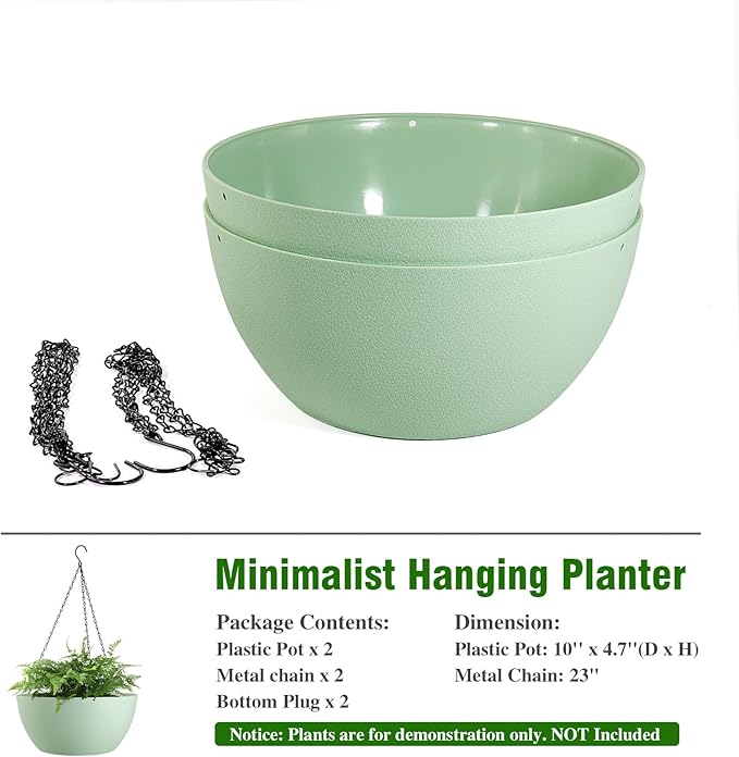 10 inch Hanging Planters for Outdoor Indoor Plants with Drainage Holes and Chain, 2 Pack Round Hanging Flower Pots for Garden Home Porch Decor,Green-Ruum Studio Home