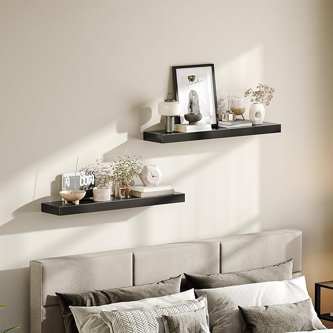 HOOBRO Floating Shelves for Wall, Wall Mounted Shelf Set of 2, 31.5" Hanging Shelf with Invisible Brackets, for Wall in Bathroom, Bedroom, Toilet, Kitchen, Living Room, Office, Black BK80BJP201-Ruum Studio Home