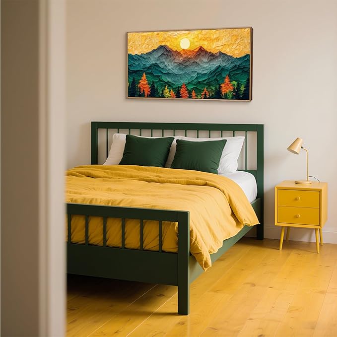 Abstract Sun Mountain Framed Canvas Wall Art Set, Forest Pine Tree Golden Sunset Wall Decor, Mixed Patchwork Landscape Art Print for Living Room, Bedroom, Dining Room, Office - 20"x40"-Ruum Studio Home