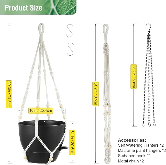 10 inch Self Watering Hanging Planters, 2 Pack Hanging Baskets for Indoor Outdoor Plants, Hanging Flower Pots with Drainage Holes & 2 Kinds of Plant Hangers for Garden Home Decor, Black-Ruum Studio Home