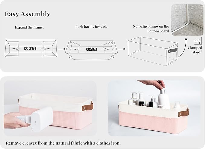 StorageWorks Narrow Storage Bins, Small Basket for Closet and Shelves, Fabric Organizer with Handles, Toilet Paper Storage, Pink and White, 2-Pack-Ruum Studio Home