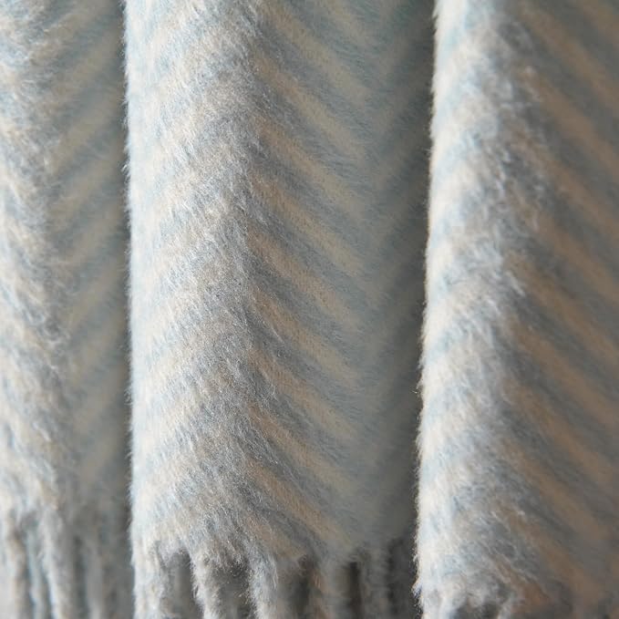 CUDDLE DREAMS Silk Throw Blanket with Hand-Knotted Fringe, Natural, Soft & Breathable (Herringbone Blue)-Ruum Studio Home