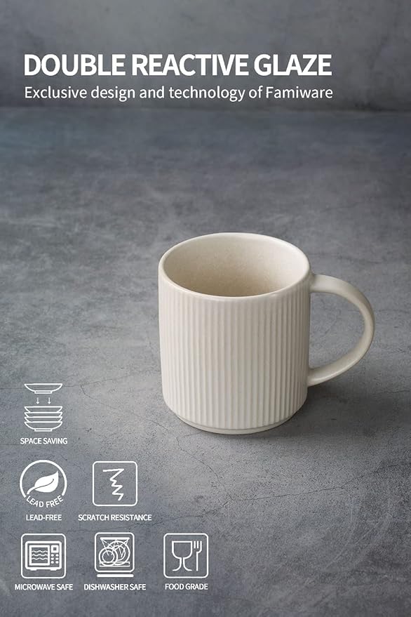 famiware Coffee Mug Set for 4, Star 12 oz Catering Mugs Cup Set with Handle for Coffee, Tea, Cocoa, Milk - Ceramic Stoneware Drinkware Set, Matte White-Ruum Studio Home