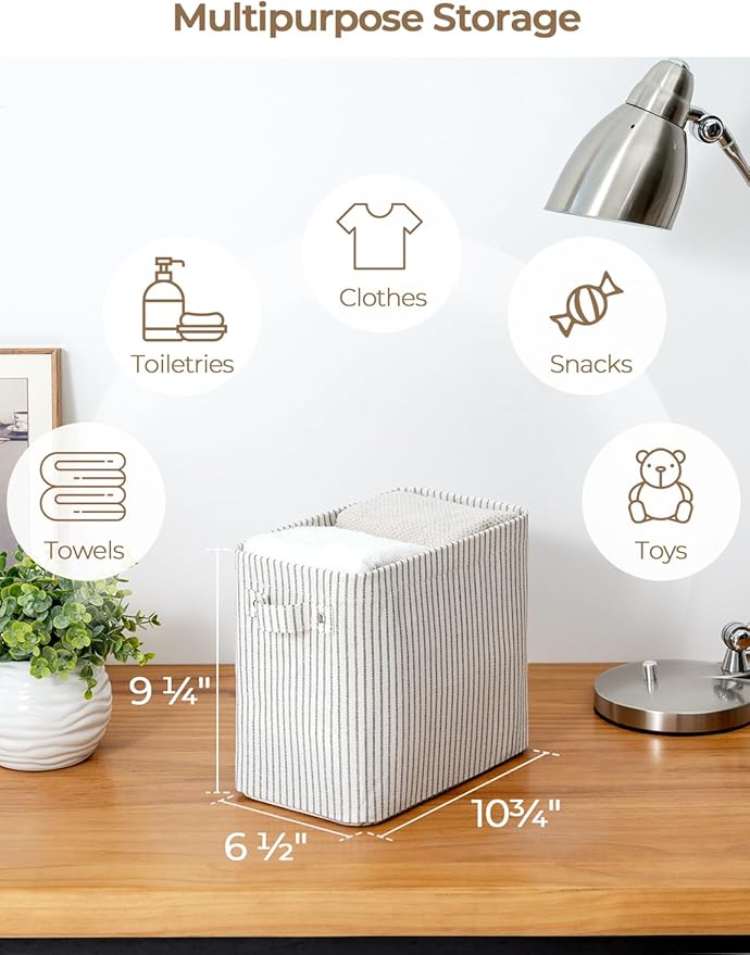 StorageWorks Narrow Storage Bins, Small Basket for Closet and Shelves, Rectangular Fabric Organizer with Handles, Toilet Paper Storage, Gray and White Stripes, 2-Pack-Ruum Studio Home