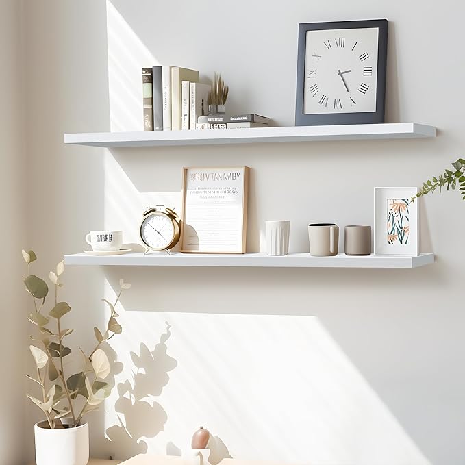 LaVie Home Floating Shelves, 47 Inch Wall Shelf Set of 2, Hanging Shelf with Invisible Brackets, Wall Decor for Bathroom, Bedroom, Living Room, Kitchen Storage, Modern White-Ruum Studio Home