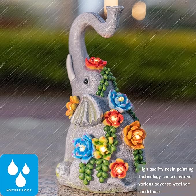 Elephant Garden Statue Solar Lamp with 8 Led Lights Decor Outdoor Resin Waterproof Sculpture Patio Lawn Yard Porch Decorations Housewarming Gifts for Women Mom Grandma-Ruum Studio Home